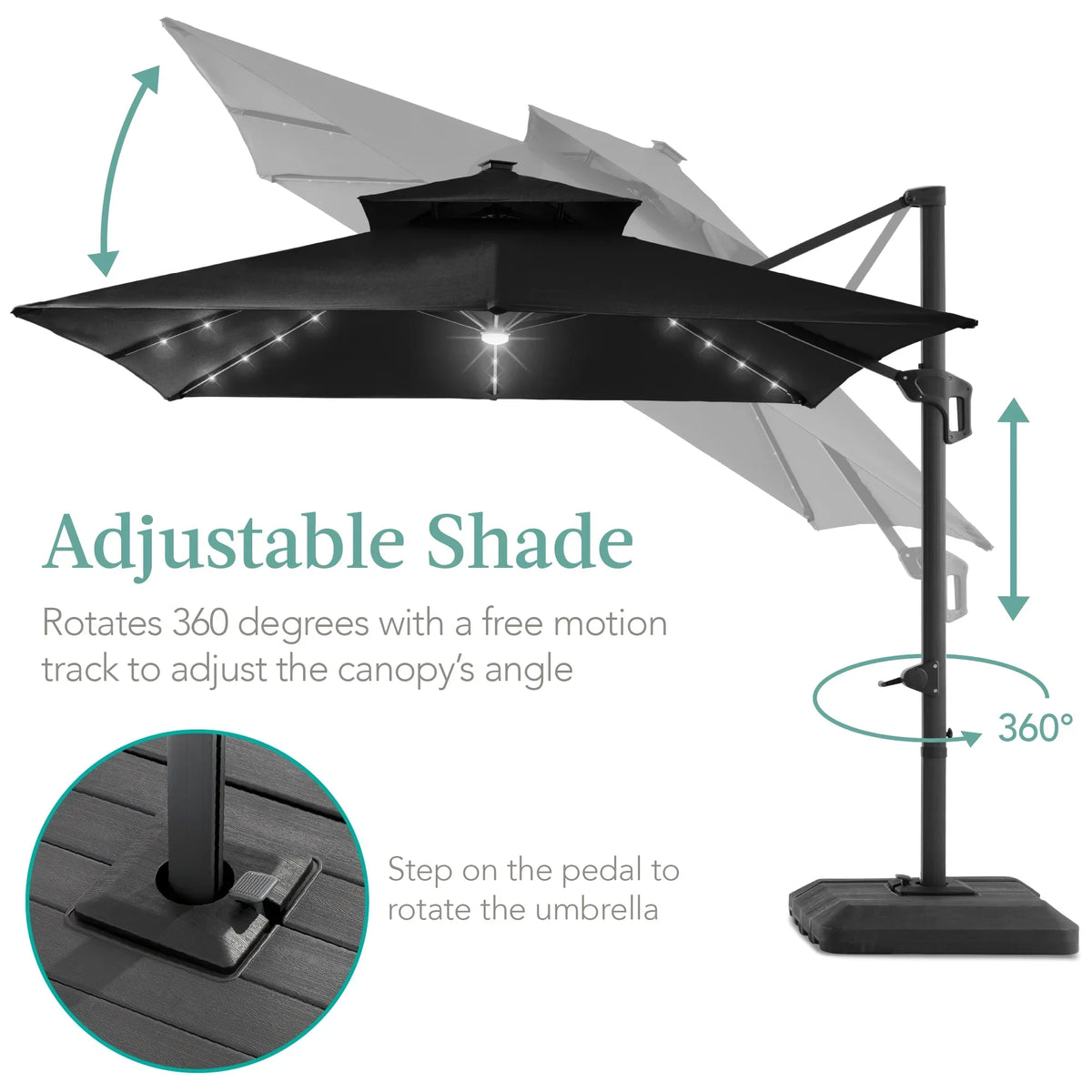 Nouveauté 2026 – Parasol de terrasse carré déporté à deux niveaux, 3 x 3 m, à éclairage solaire LED, avec base incluse (Best Choice Products, ) - Beige