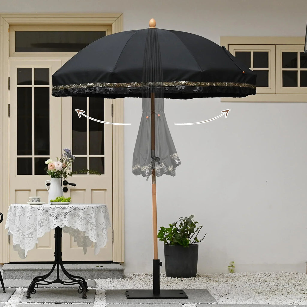Nouveauté 2026 – Parasol de terrasse LAGarden de 1,8 m à franges et pompon, style Jazz Age, en bois, protection UPF50+, beige avec pompon doré, modèle : JZ6-01
