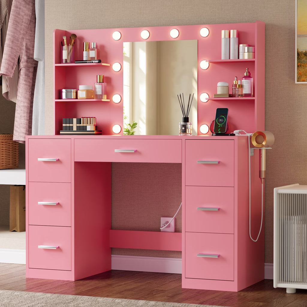 Nouveauté 2026 – Coiffeuse Lacoo avec miroir et éclairage LED, meuble de maquillage avec 7 tiroirs et 4 étagères, table de toilette avec prise électrique pour chambre ou dressing, blanche