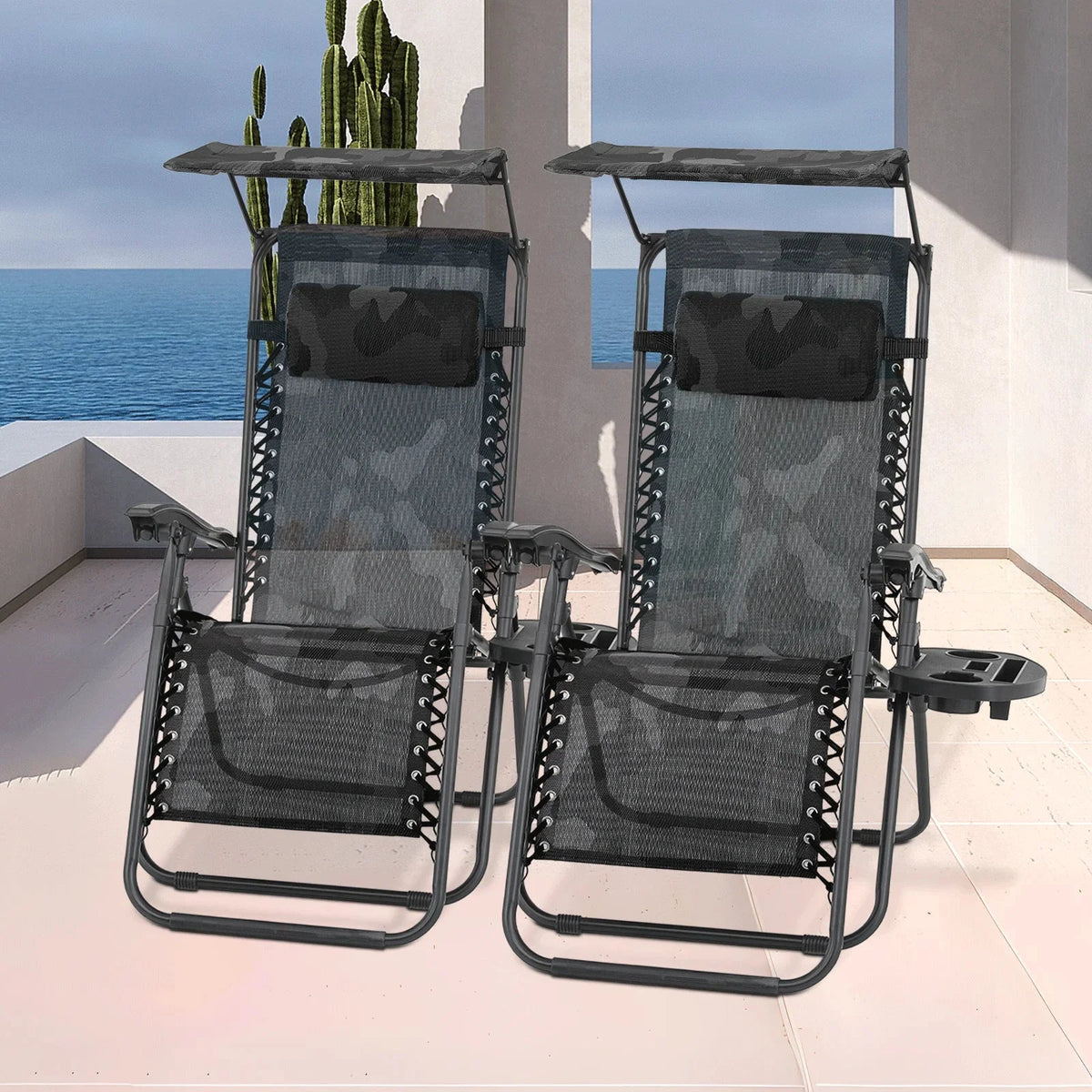 Nouveauté 2026 – Ensemble de 2 chaises MoNiBloom Zero Gravity , fauteuils de plage/terrasse pliables avec auvent et appui-tête, noirs