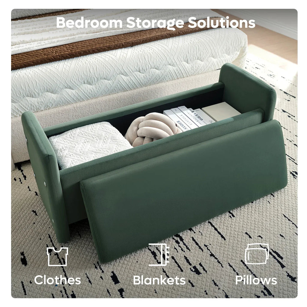 Nouveauté 2026 – Banc coffre Pinmoco de 112 cm (44 po), banc d'entrée rembourré avec rangement, idéal pour la chambre et le salon, en velours côtelé gris
