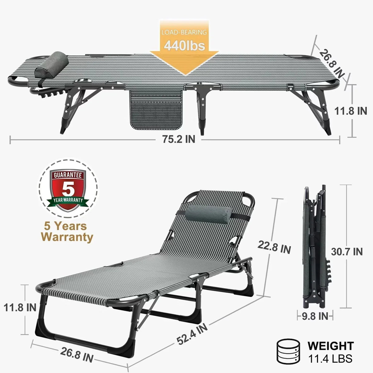 Nouveauté 2026 – Chaise longue MOPHOTO avec matelas, supportant jusqu'à 200 kg, lit de camp portable et robuste, réglable, idéal pour le camping, la piscine, la plage et la terrasse