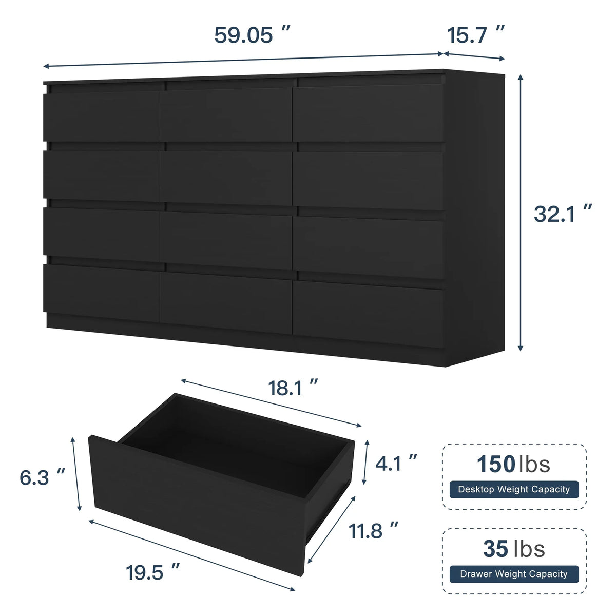 Nouveauté 2026 – Commode Resenkos moderne style milieu du siècle, 6 tiroirs, large, pour chambre à coucher, grise