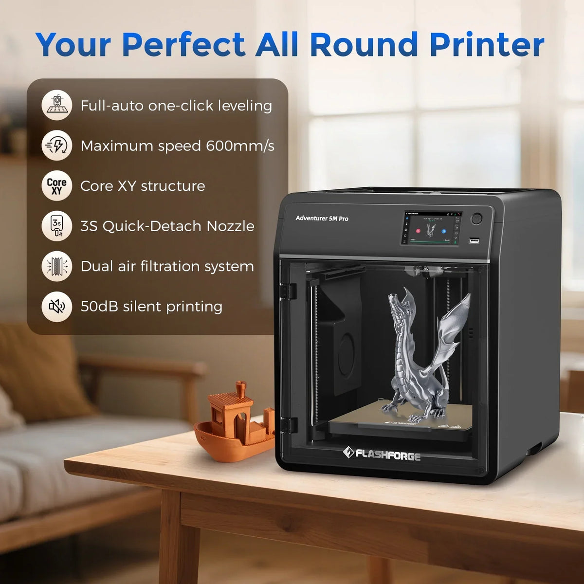 Nouveauté 2026 – Imprimante 3D Flashforge Adventurer 5M , imprimante 3D idéale pour les débutants et le bricolage à domicile, impression haute vitesse, format 22 x 22 x 22 cm, noire