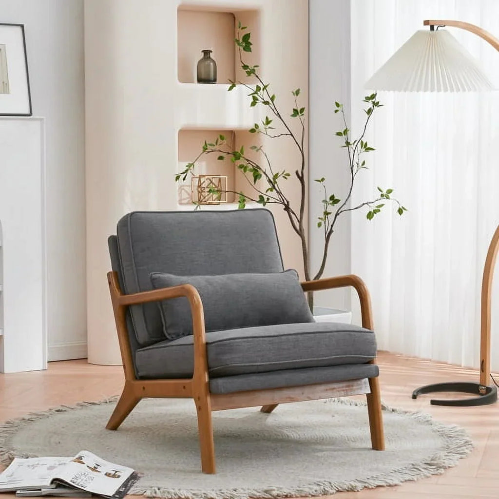 Nouveauté 2026 – Fauteuil de lecture Accent Chairs , fauteuil lounge en lin avec structure en bois massif, style moderne du milieu du siècle, montage facile, pour salon - Beige