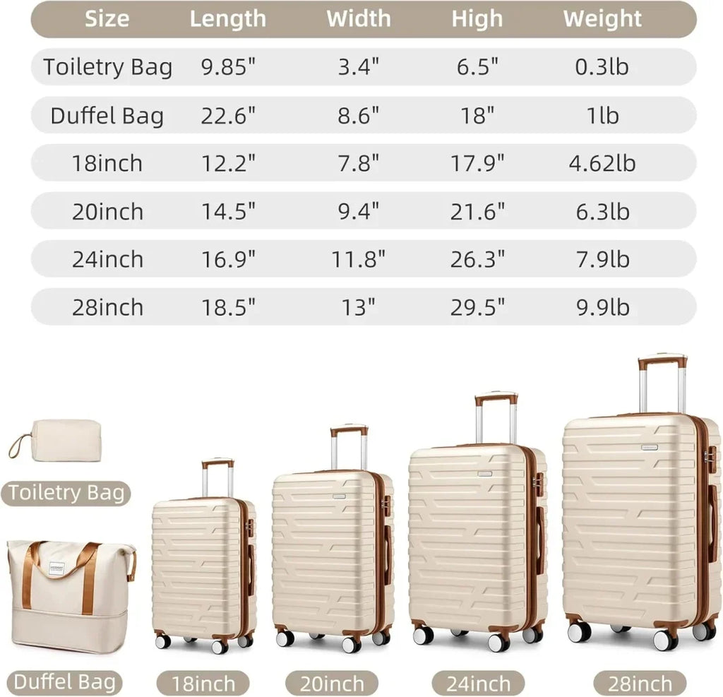 Nouveauté 2026 – Ensemble de 6 valises rigides comprenant des valises extensibles à roulettes pivotantes avec serrure TSA, 25 % de capacité supplémentaire, un sac de voyage et une trousse de toilette, valises en ABS crème