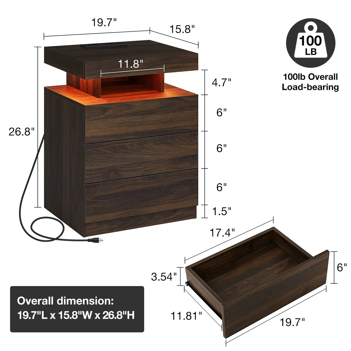 Nouveauté 2026 – Table de chevet LED Hommpa avec station de charge sans fil, ports USB Type-C, 3 tiroirs, finition laquée noire, style moderne et élégant, hauteur 68 cm (26,8 pouces). Idéale pour la chambre à coucher