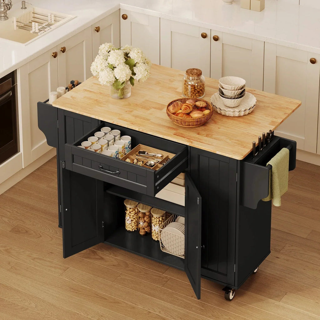 Nouveauté 2026 – Îlot de cuisine Noelse avec rangements, table d'appoint rabattable, porte-épices et porte-serviettes pour petites cuisines, blanc