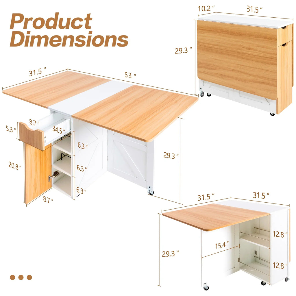 Nouveauté 2026 – Table de salle à manger pliante spanspace , table à abattants avec 6 roulettes et étagère de rangement à 2 niveaux, table gain de place pour petits espaces, table de cuisine pliante, blanche