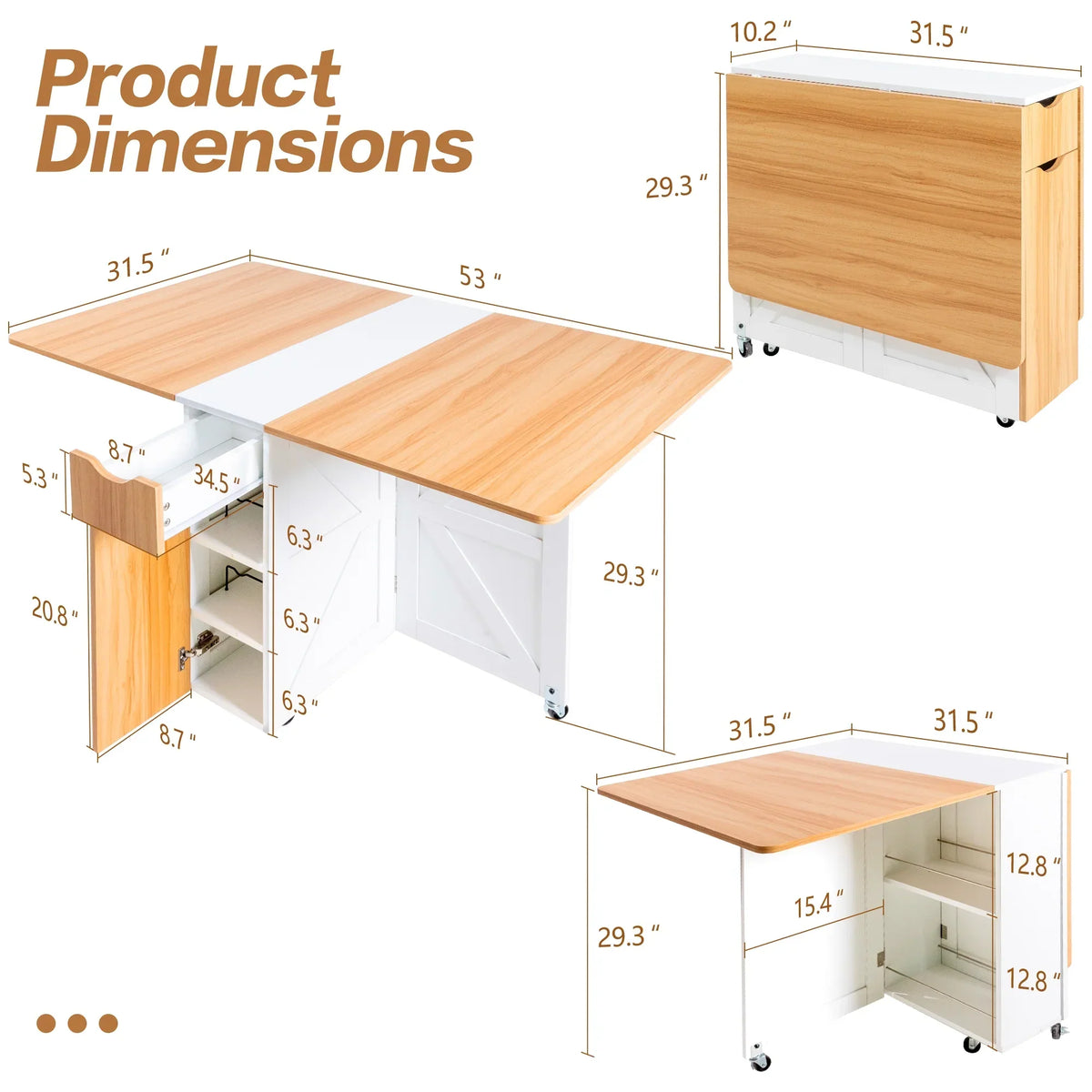 Nouveauté 2026 – Table de salle à manger pliante spanspace , table à abattants avec 6 roulettes et étagère de rangement à 2 niveaux, table gain de place pour petits espaces, table de cuisine pliante, blanche