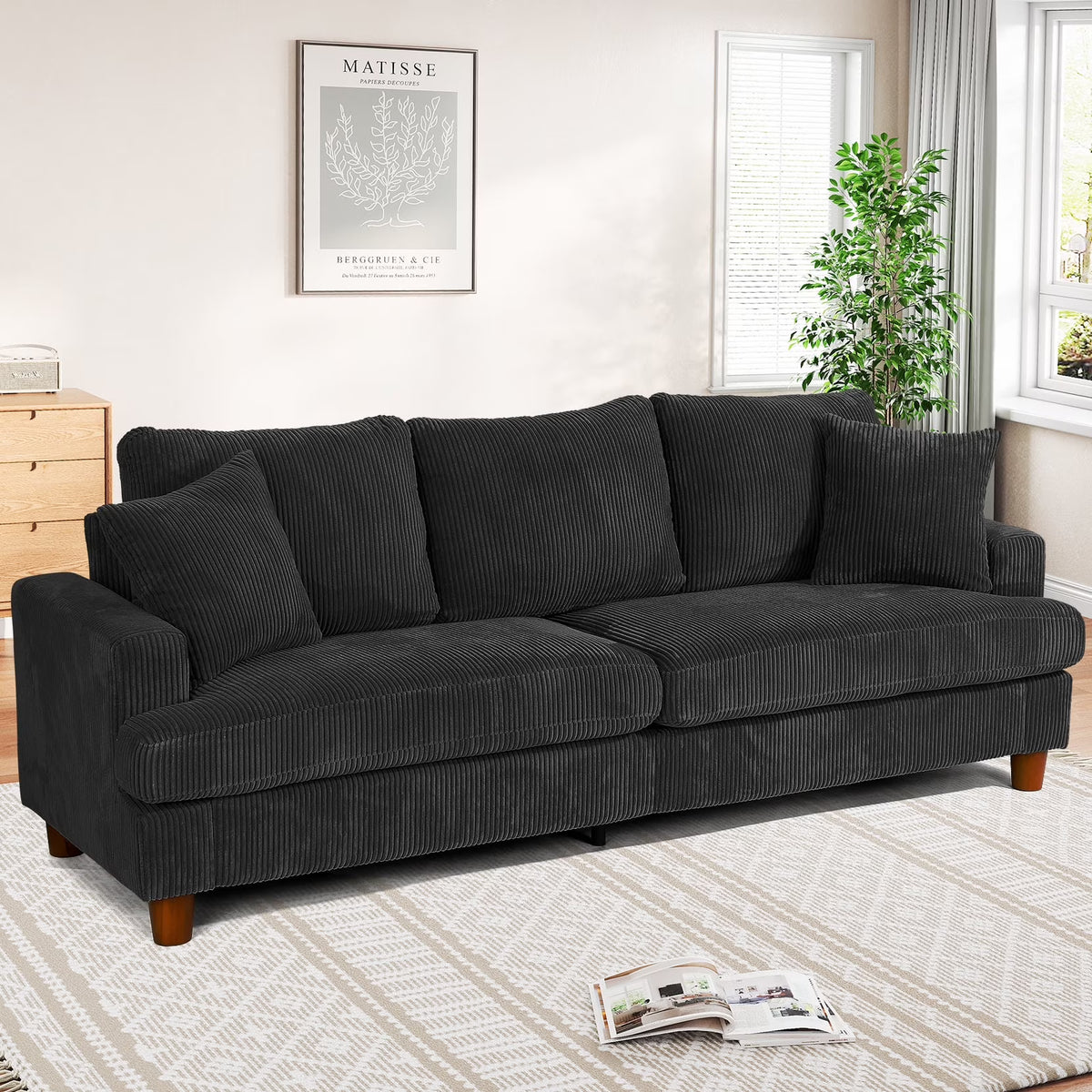 Nouveauté 2026 – Canapé 3 places en velours côtelé 221 cm (87 pouces), avec assises extra profondes, confortable et rembourré, idéal pour le salon. Comprend 2 coussins et est disponible en vert