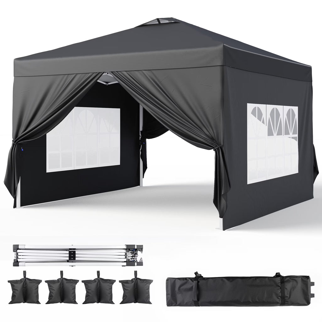 Nouveauté 2026 – Tente pliante 3 x 3 m avec 4 parois latérales amovibles – Tente extérieure portable Lofka avec 4 sacs de sable, 8 piquets et cordes – Idéale pour la plage, les fêtes, la terrasse et le jardin, noire