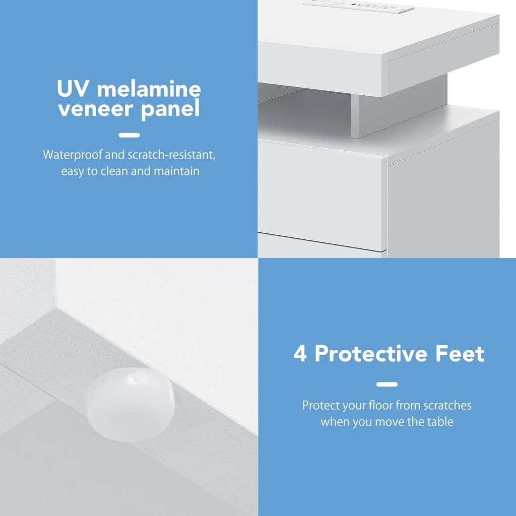 Nouveauté 2026 – Table de chevet LED Hommpa avec station de charge sans fil, ports USB Type-C, 3 tiroirs, finition laquée noire, style moderne et élégant, hauteur 68 cm (26,8 pouces). Idéale pour la chambre à coucher