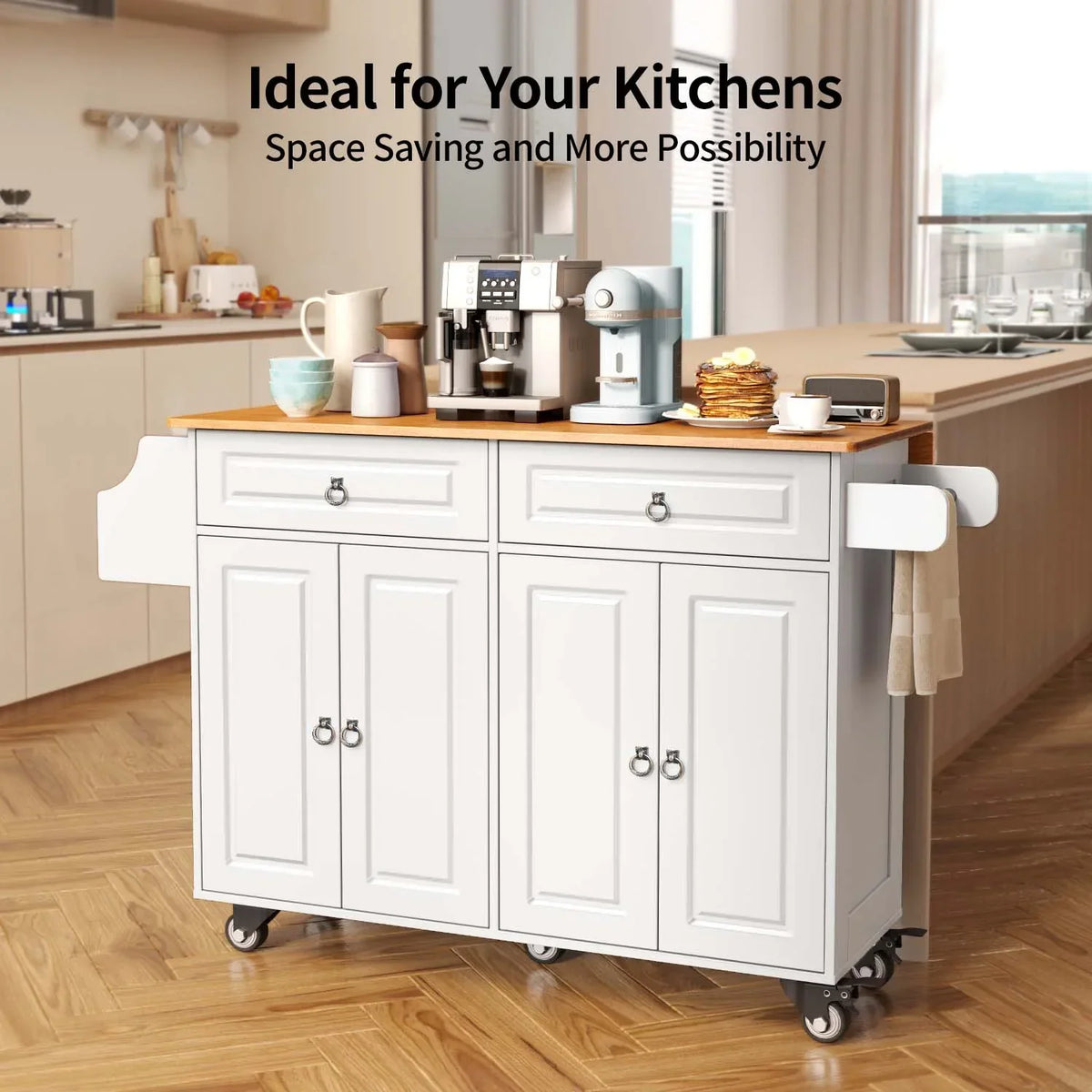 Nouveauté 2026 – Îlot de cuisine Lofka 52 pouces (132 cm) avec rangement sur roulettes et abattant en bois, idéal pour les petites cuisines