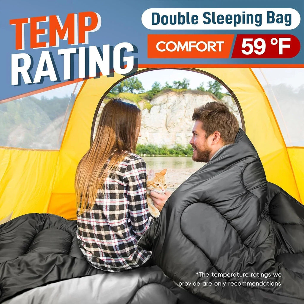 Nouveauté 2026 – Sac de couchage double pour adultes (hommes) avec oreiller, taille XL/Queen, idéal pour le camping, la randonnée et le trekking toutes saisons, par temps froid et chaud