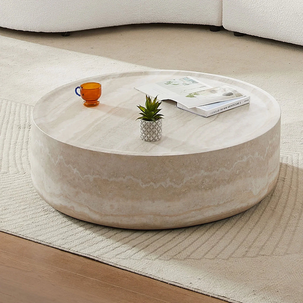 Nouveauté 2026 – Table basse ronde 31,49'' avec texture marbre, table basse circulaire moderne en fibre de verre, table d'appoint pour salon ou extérieur, livrée montée, finition marbre