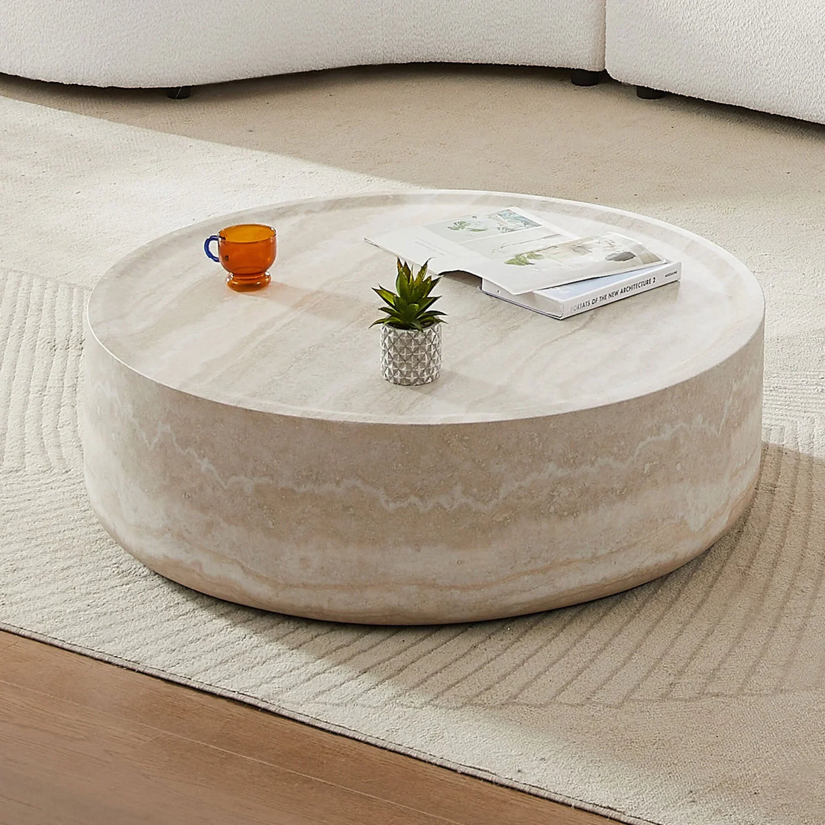 Nouveauté 2026 – Table basse ronde 31,49'' avec texture marbre, table basse circulaire moderne en fibre de verre, table d'appoint pour salon ou extérieur, livrée montée, finition marbre