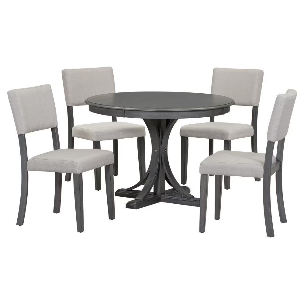Nouveauté 2026 – Ensemble de salle à manger rond rétro 5 pièces avec 4 chaises rembourrées, table en bois avec pieds incurvés de style tréteau