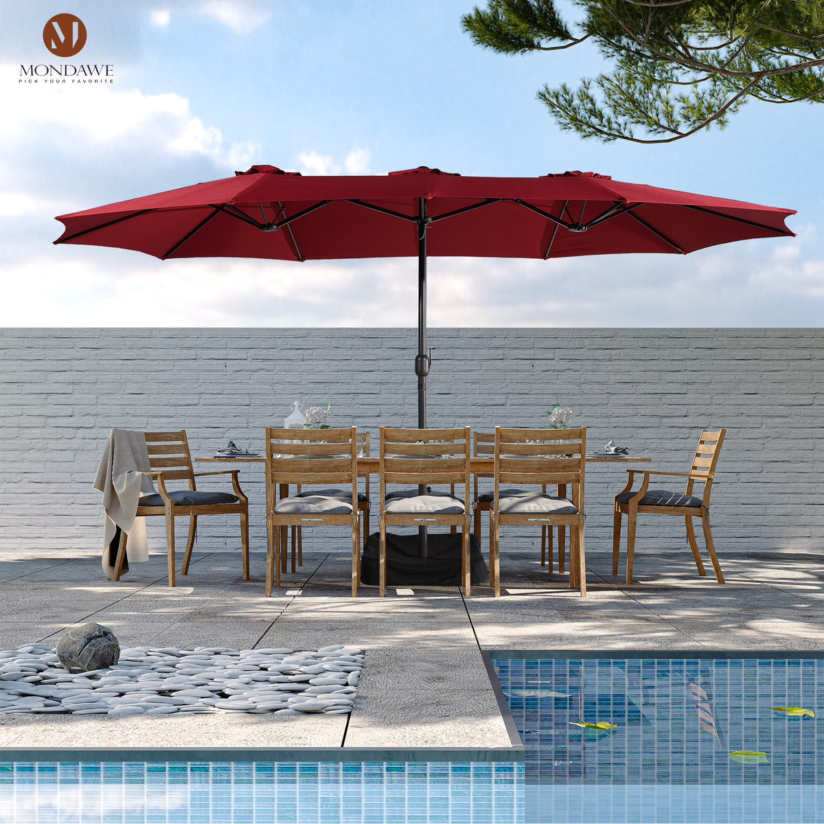 Nouveauté 2026 – Parasol rectangulaire Mondawe 4,57 m (15 pi) avec base et éclairage LED beige