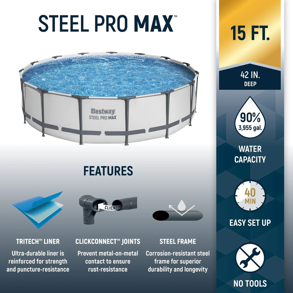 Nouveauté 2026 – Ensemble de piscine hors sol ronde Bestway Steel Pro MAX 15 pi x 42 po