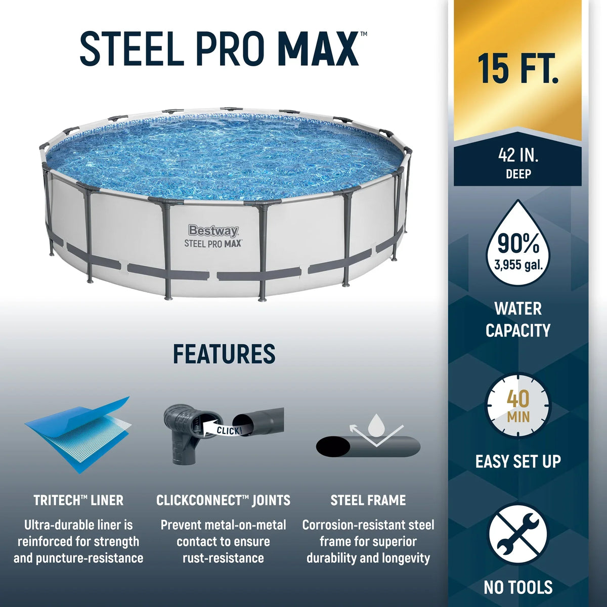 Nouveauté 2026 – Ensemble de piscine hors sol ronde Bestway Steel Pro MAX 15 pi x 42 po