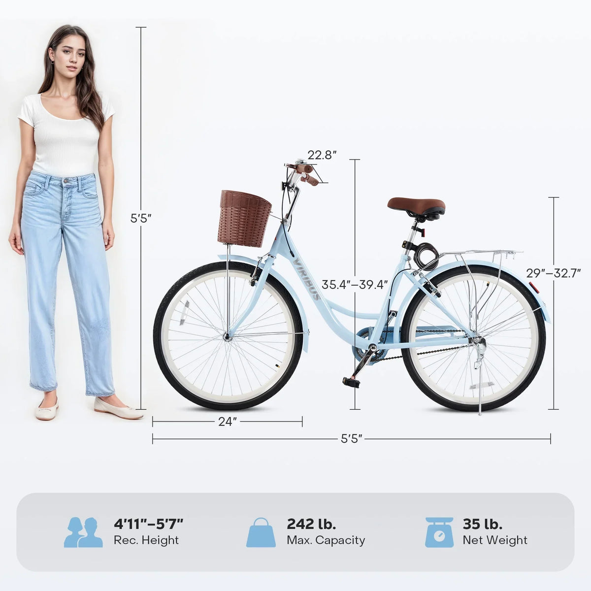 Nouveauté 2026 – Vélo confort femme Viribus , 24 pouces, style cruiser plage et ville, avec panier, blanc
