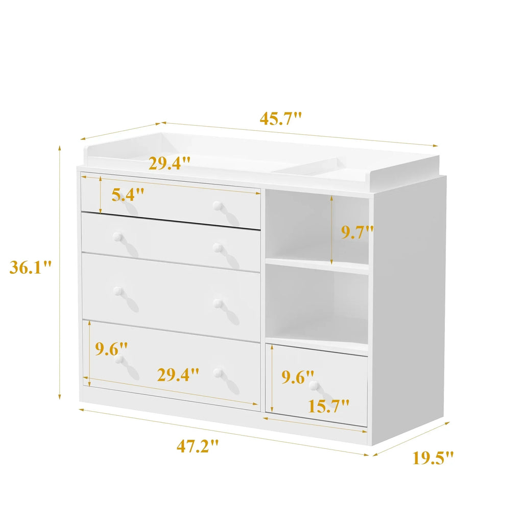 Nouveauté 2026 – Table à langer/commode pour chambre de bébé OXYLIFE , 114 cm (45 po), avec 4 tiroirs et une étagère, blanche