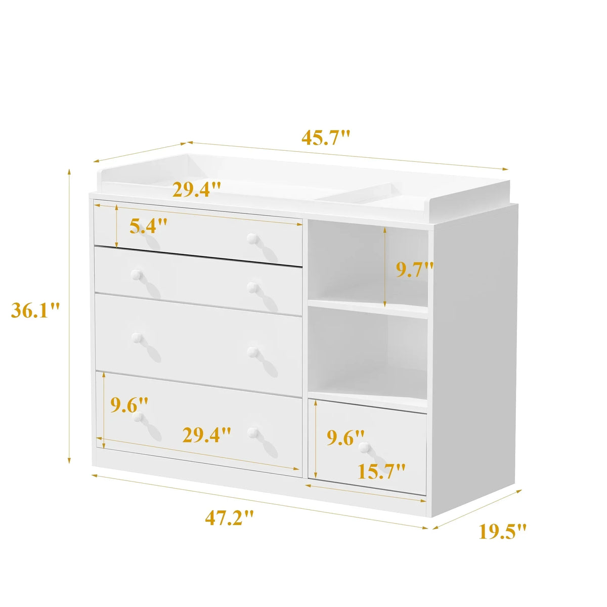 Nouveauté 2026 – Table à langer/commode pour chambre de bébé OXYLIFE , 114 cm (45 po), avec 4 tiroirs et une étagère, blanche