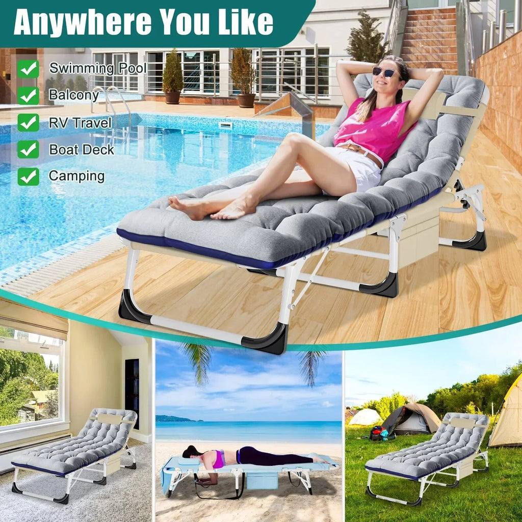Nouveauté 2026 – Chaise longue MOPHOTO avec matelas, supportant jusqu'à 200 kg, lit de camp portable et robuste, réglable, idéal pour le camping, la piscine, la plage et la terrasse