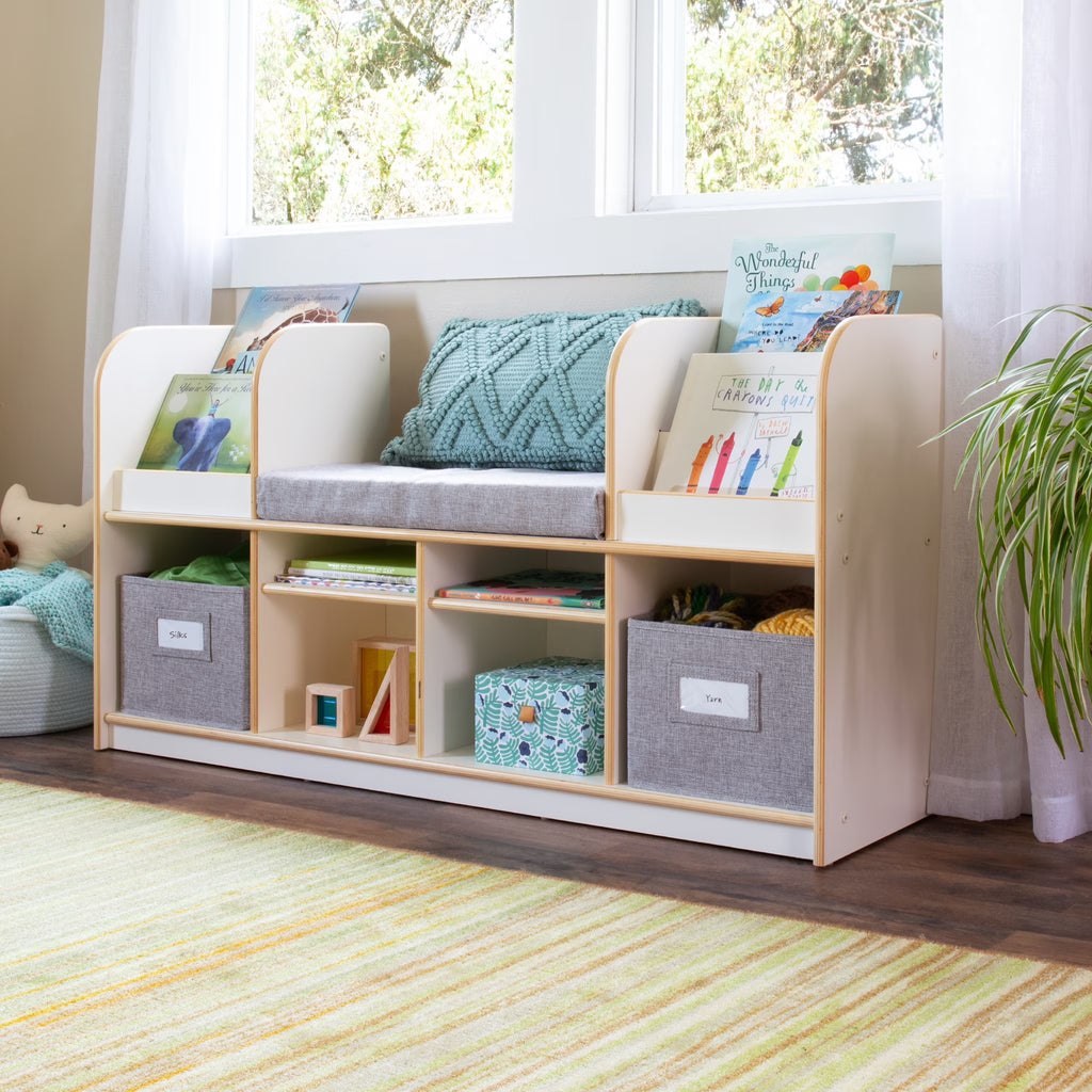 Nouveauté 2026 – Coin lecture EdQ de Guidecraft - Naturel : Banc de lecture en bois pour chambre d'enfant, étagère à livres, rangement pour jouets et cubes de rangement