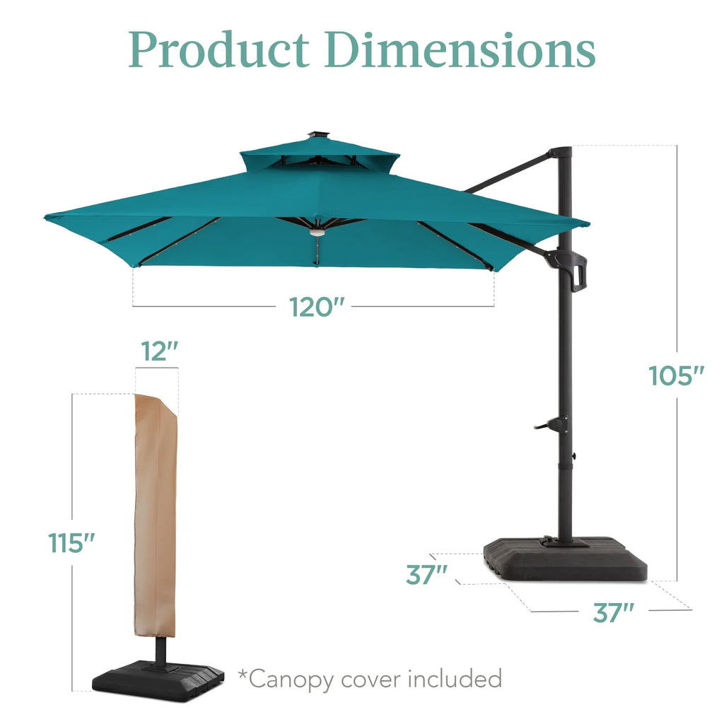 Nouveauté 2026 – Parasol de terrasse carré déporté à deux niveaux, 3 x 3 m, à éclairage solaire LED, avec base incluse (Best Choice Products, ) - Beige