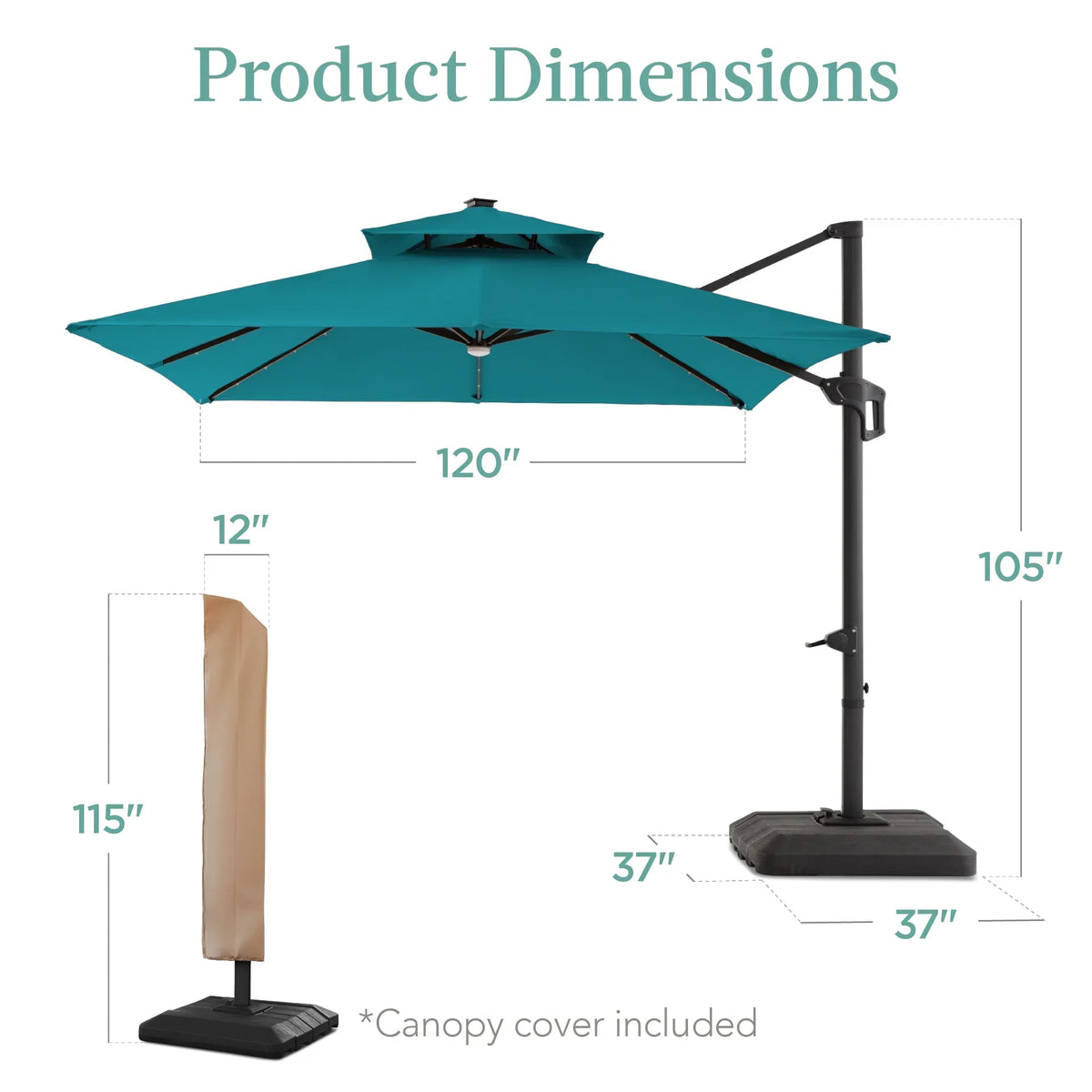 Nouveauté 2026 – Parasol de terrasse carré déporté à deux niveaux, 3 x 3 m, à éclairage solaire LED, avec base incluse (Best Choice Products, ) - Beige