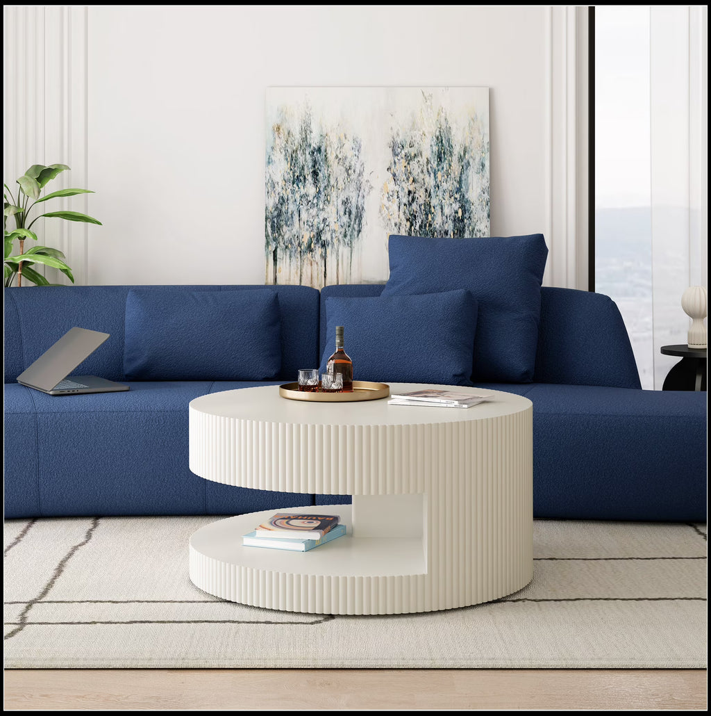 Nouveauté 2026 – Table basse ronde 31,5'', table basse moderne avec rangement, design à rayures verticales