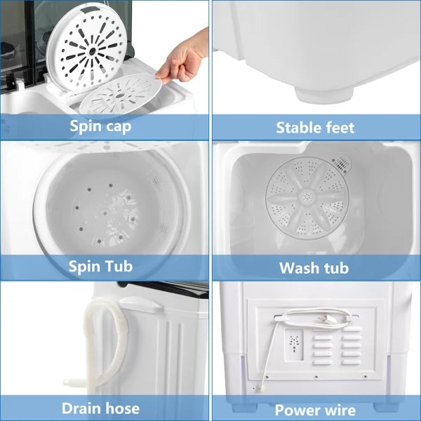 Nouveauté 2026 – Lave-linge semi-automatique compact 1300 tr/min, 9 kg (20 lb), double cuve, avec pompe intégrée, idéal pour appartement, résidence étudiante, camping-car et camping. Blanc/noir