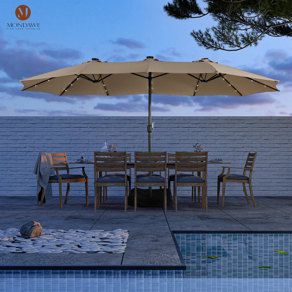 Nouveauté 2026 – Parasol rectangulaire Mondawe 4,57 m (15 pi) avec base et éclairage LED beige