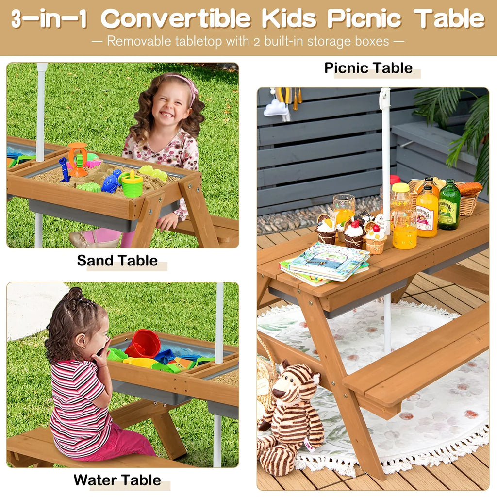 Nouveauté 2026 – Table de pique-nique 3 en 1 pour enfants Costway , en bois, avec bacs à sable et à eau, parasol et autres jeux, verte