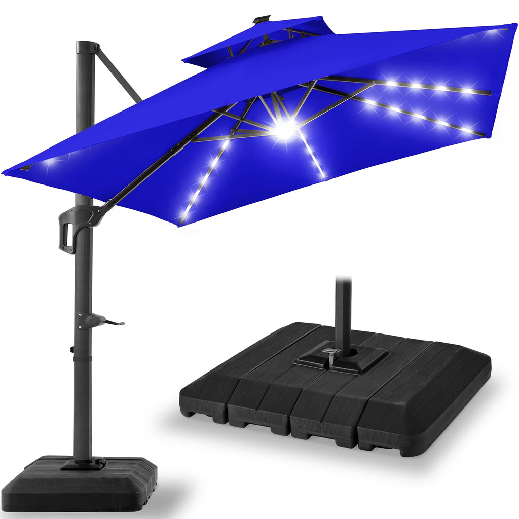 Nouveauté 2026 – Parasol de terrasse carré déporté à deux niveaux, 3 x 3 m, à éclairage solaire LED, avec base incluse (Best Choice Products, ) - Beige