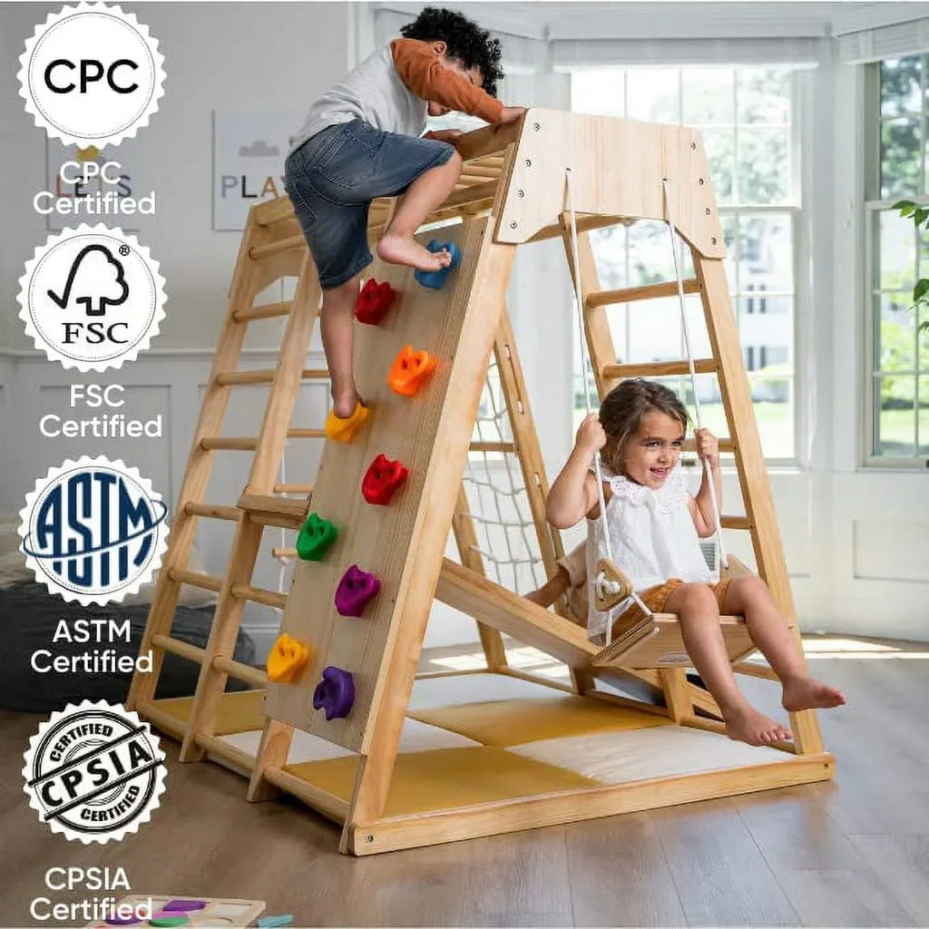 Nouveauté 2026 – Avenlur Aire de jeux intérieure pour tout-petits et enfants - Structure en bois véritable 6 en 1 avec toboggan, mur d'escalade, corde à grimper, barres de singe, balançoire et échelle. Un espace de jeux amusant pour les enfants
