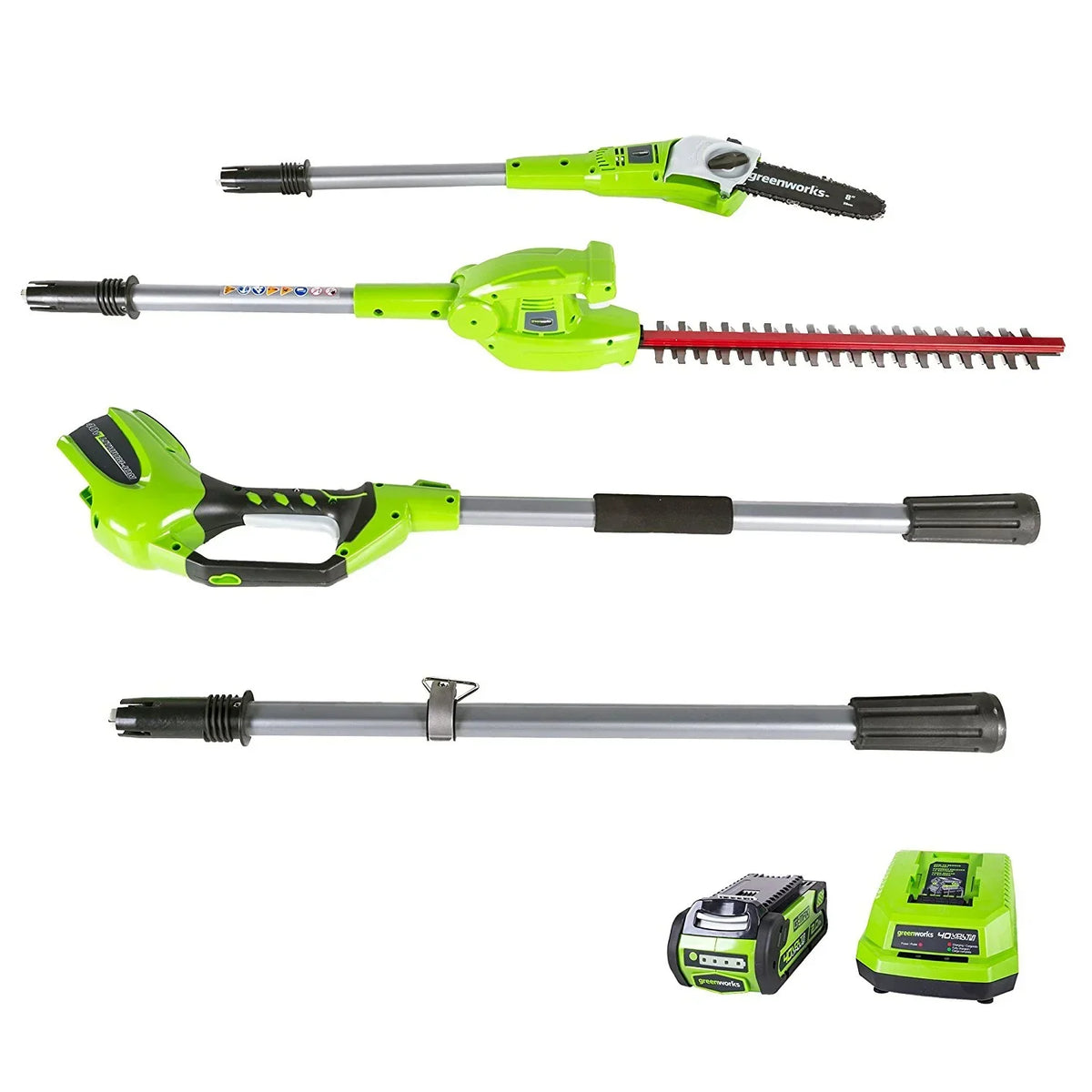 Nouveauté 2026 – Scie à perche sans fil Greenworks 40 V (50,8 cm) avec accessoire taille-haie + batterie 2,0 Ah et chargeur