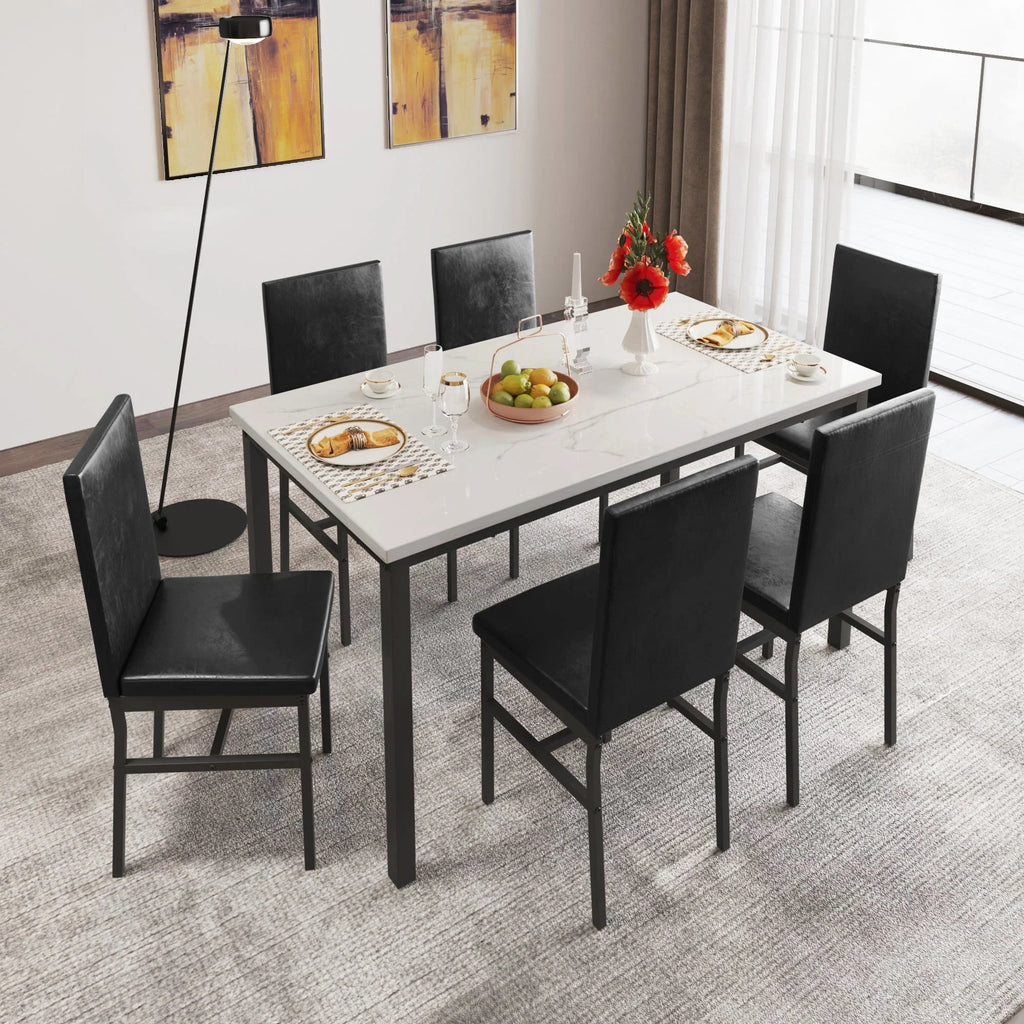 Nouveauté 2026 – Ensemble de salle à manger moderne avec table et 6 chaises rembourrées à dossier haut, idéal pour 6 personnes, petit espace cuisine, coin repas ou bar, B1470