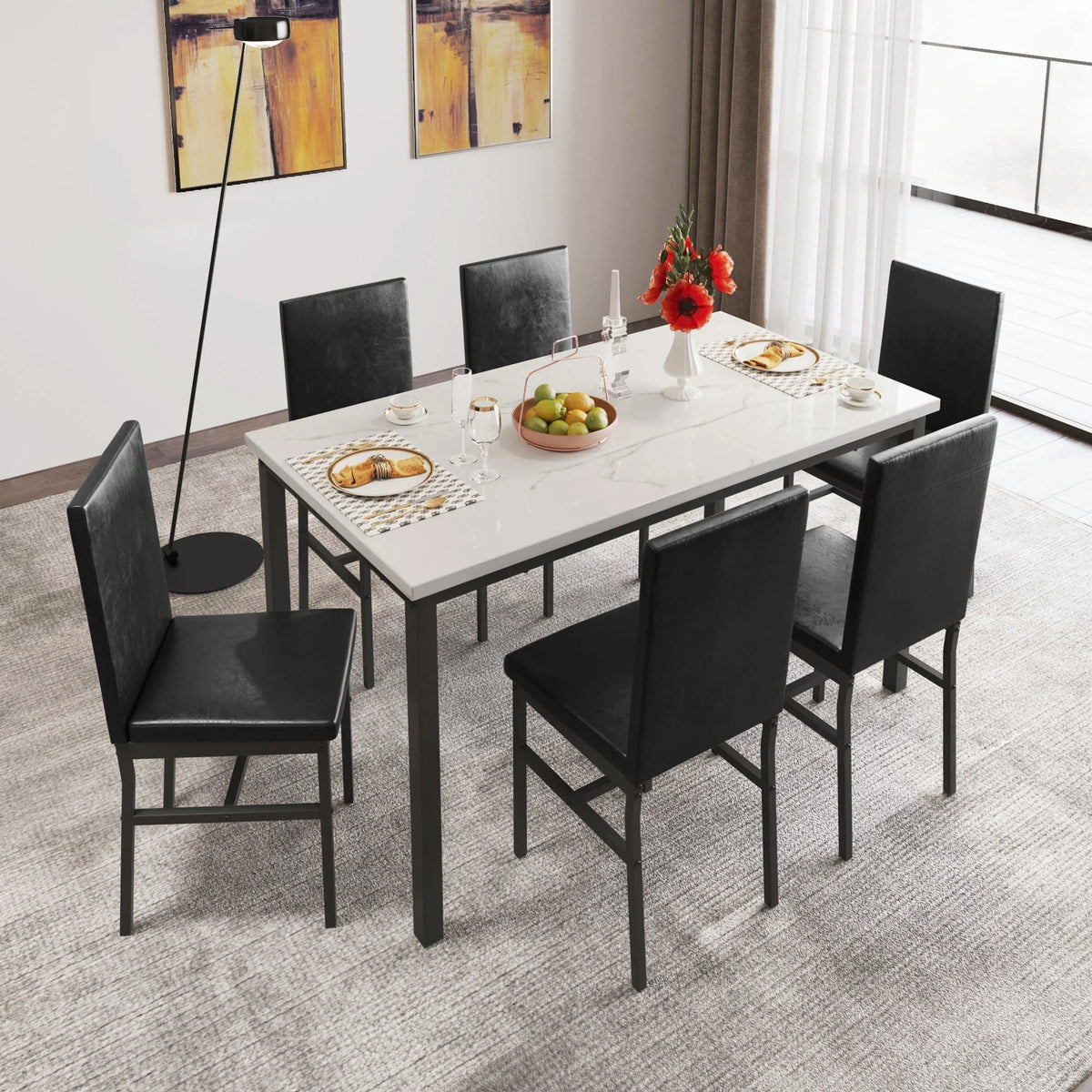 Nouveauté 2026 – Ensemble de salle à manger moderne avec table et 6 chaises rembourrées à dossier haut, idéal pour 6 personnes, petit espace cuisine, coin repas ou bar, B1470