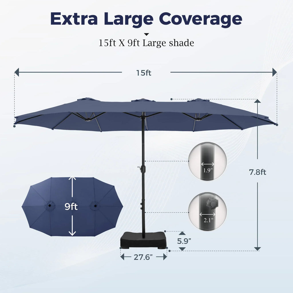 Nouveauté 2026 – Parasol de jardin extra-large Alpha Joy 4,57 m (15 pi) à double face avec manivelle et base - Gris fumé