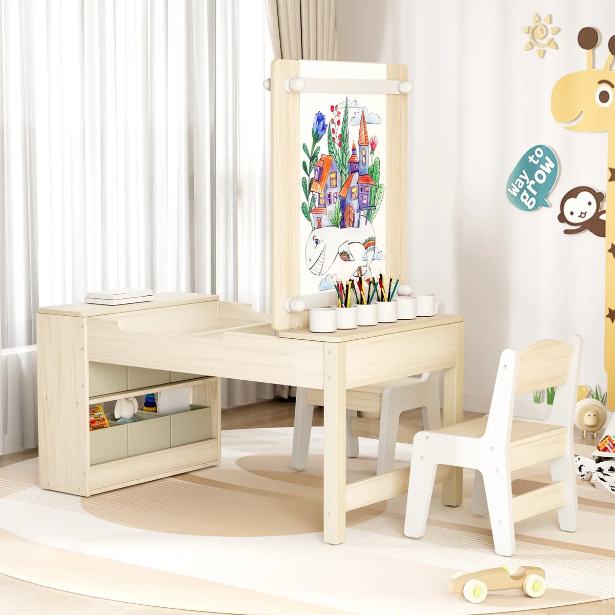 Nouveauté 2026 – Ensemble table et 2 chaises LAZY BUDDY pour enfants , chevalet 2 en 1 et table de bricolage pour tout-petits avec bacs de rangement, gobelets de peinture et rouleau de papier, idéal pour les enfants de 3 ans et plus