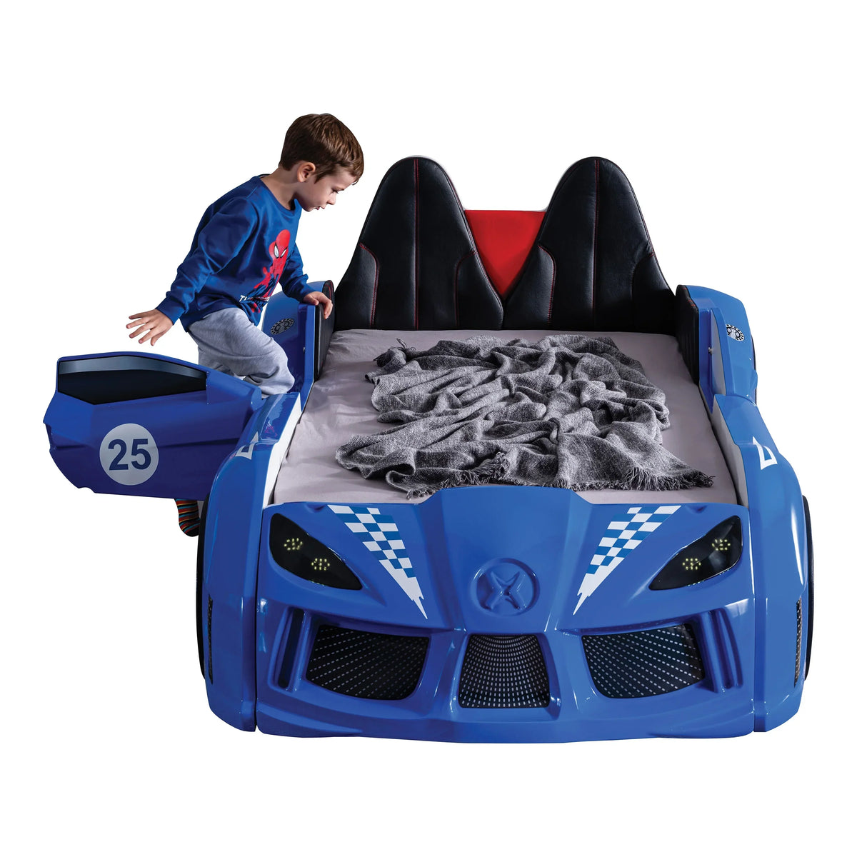 Nouveauté 2026 – Lit double en plastique pour enfants Dash Kids, motif voiture de course, avec LED et son, blanc, Furniture of America