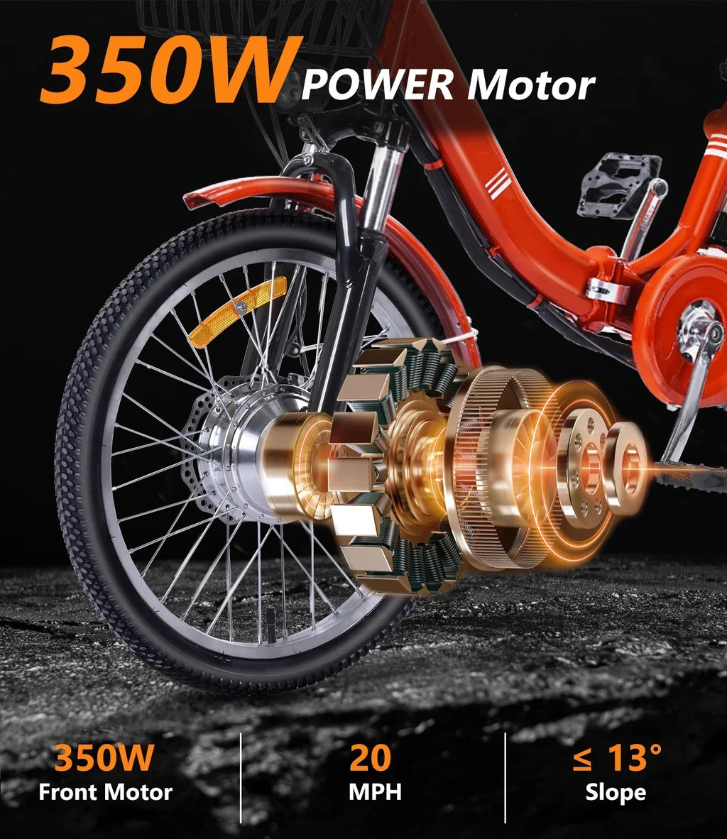 Nouveauté 2026 – Tricycle électrique NOMIGO pour adultes, pliable, à 3 roues, deux places, grand panier, moteur sans balais ultra-puissant de 350 W, batterie lithium 48 V 13 Ah, vitesse maximale de 32 km/h, orange