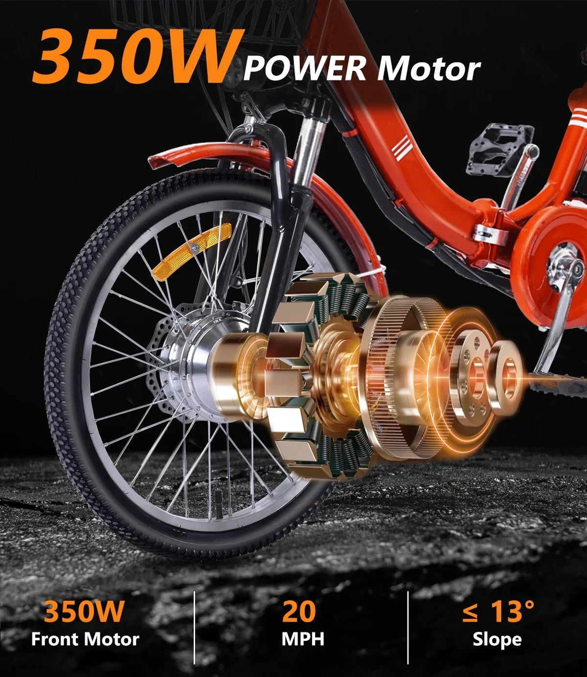 Nouveauté 2026 – Tricycle électrique NOMIGO pour adultes, pliable, à 3 roues, deux places, grand panier, moteur sans balais ultra-puissant de 350 W, batterie lithium 48 V 13 Ah, vitesse maximale de 32 km/h, orange