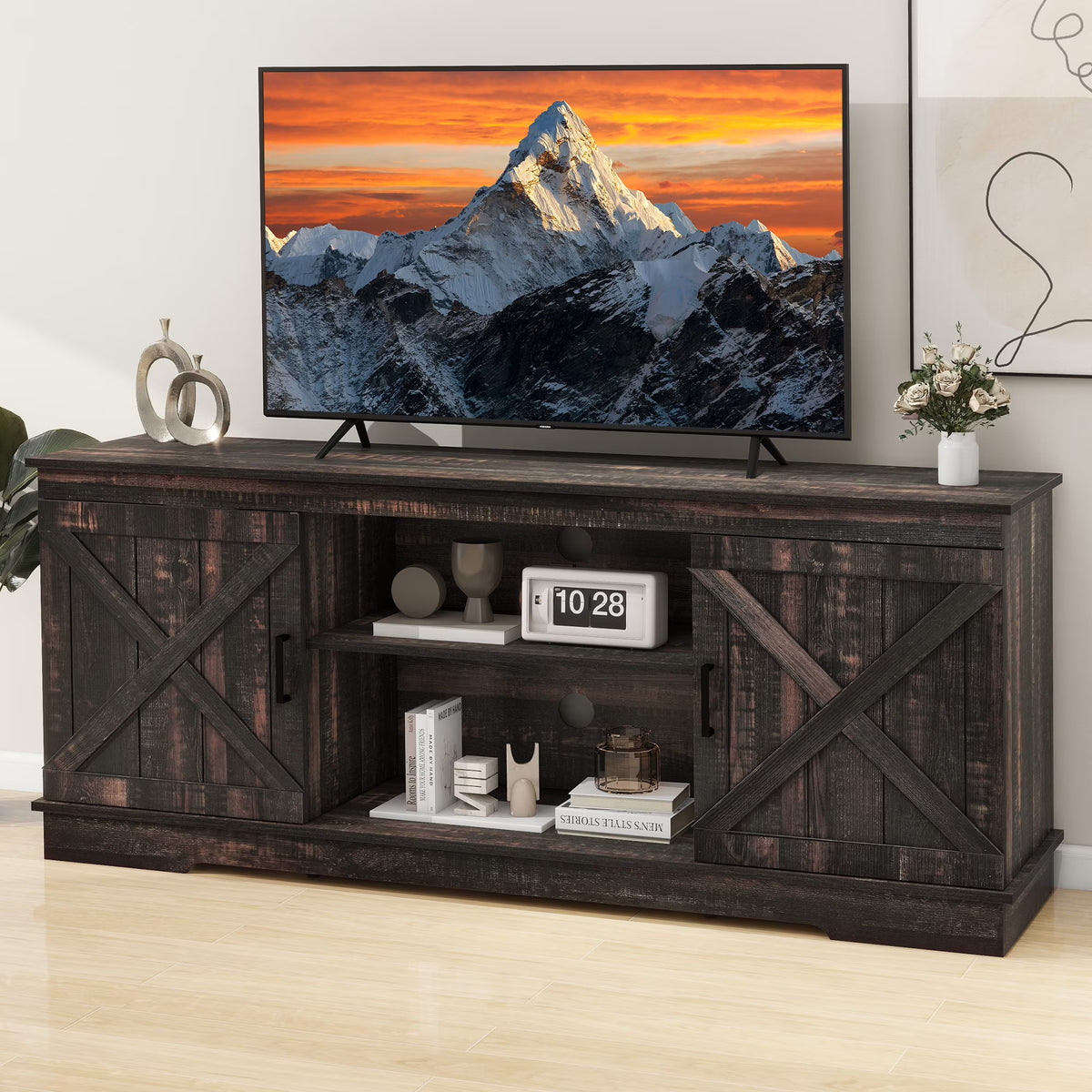 Nouveauté 2026 – Meuble TV Dextrus Farmhouse pour téléviseur 65 pouces, centre multimédia pour salon, meuble console TV, gris délavé