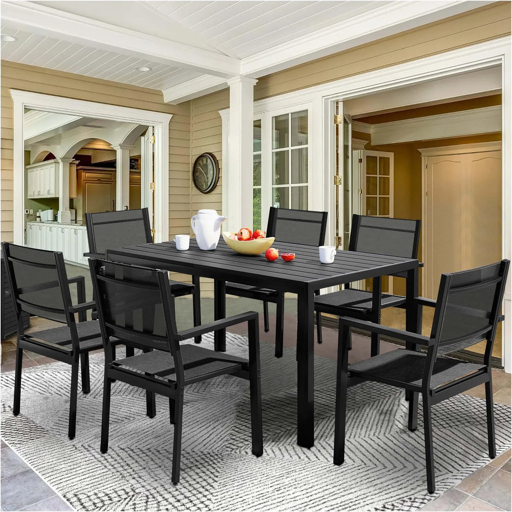 Nouveauté 2026 – Ensemble de salle à manger d'extérieur 7 pièces , comprenant une table et des chaises pour 6 personnes, un plateau en plastique imitation bois et un mobilier de jardin en textilène. Idéal pour terrasse ou patio