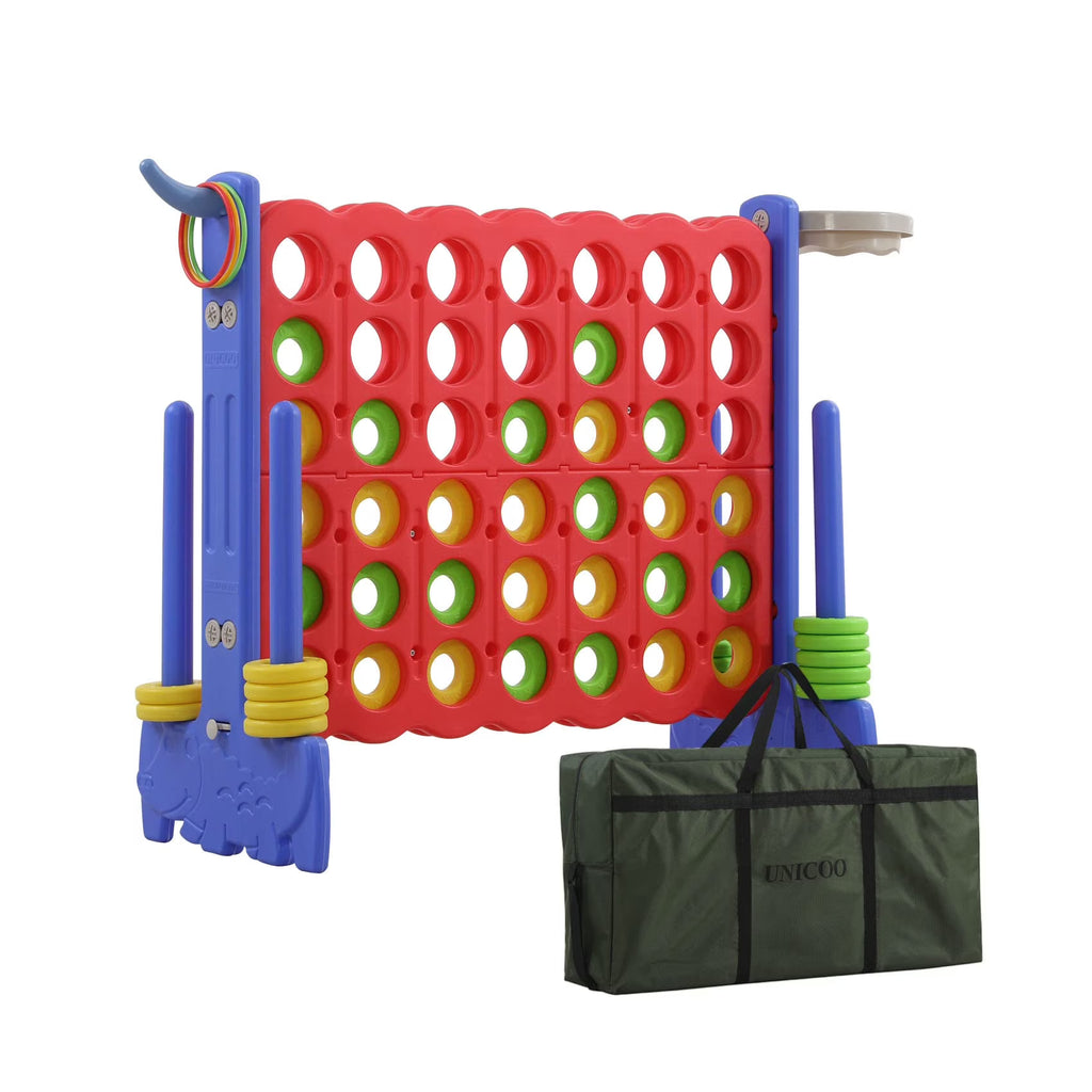 Nouveauté 2026 – Jeu géant 3-en-1 UNICOO® : panier de basket, jeu de lancer d'anneaux et jeu « 4 pour marquer ». Idéal pour les enfants et les adultes, les fêtes et les réunions. Sac de transport inclus (rouge et bleu