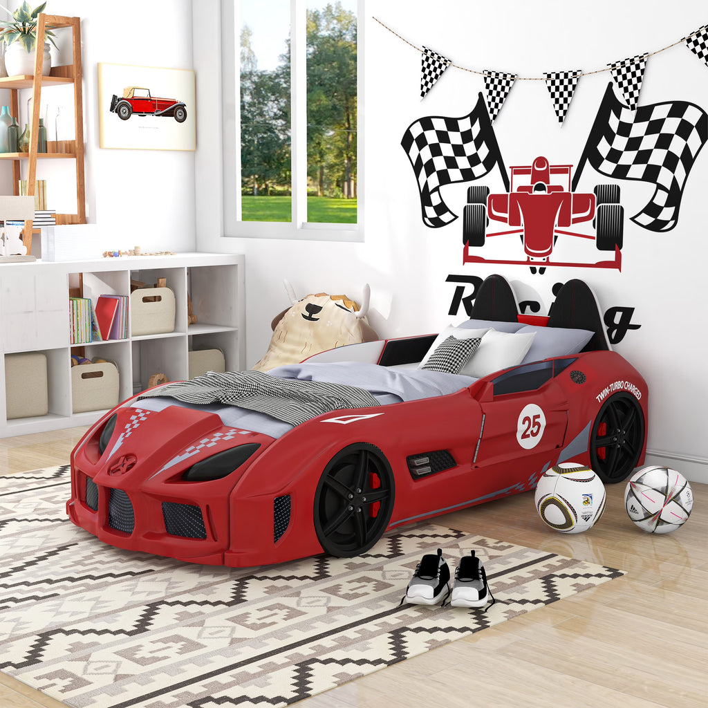 Nouveauté 2026 – Lit double en plastique pour enfants Dash Kids, motif voiture de course, avec LED et son, blanc, Furniture of America